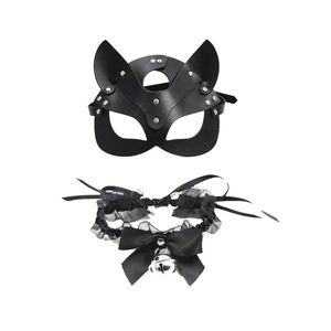 Black Leather Masquerade Mask & Choker Set